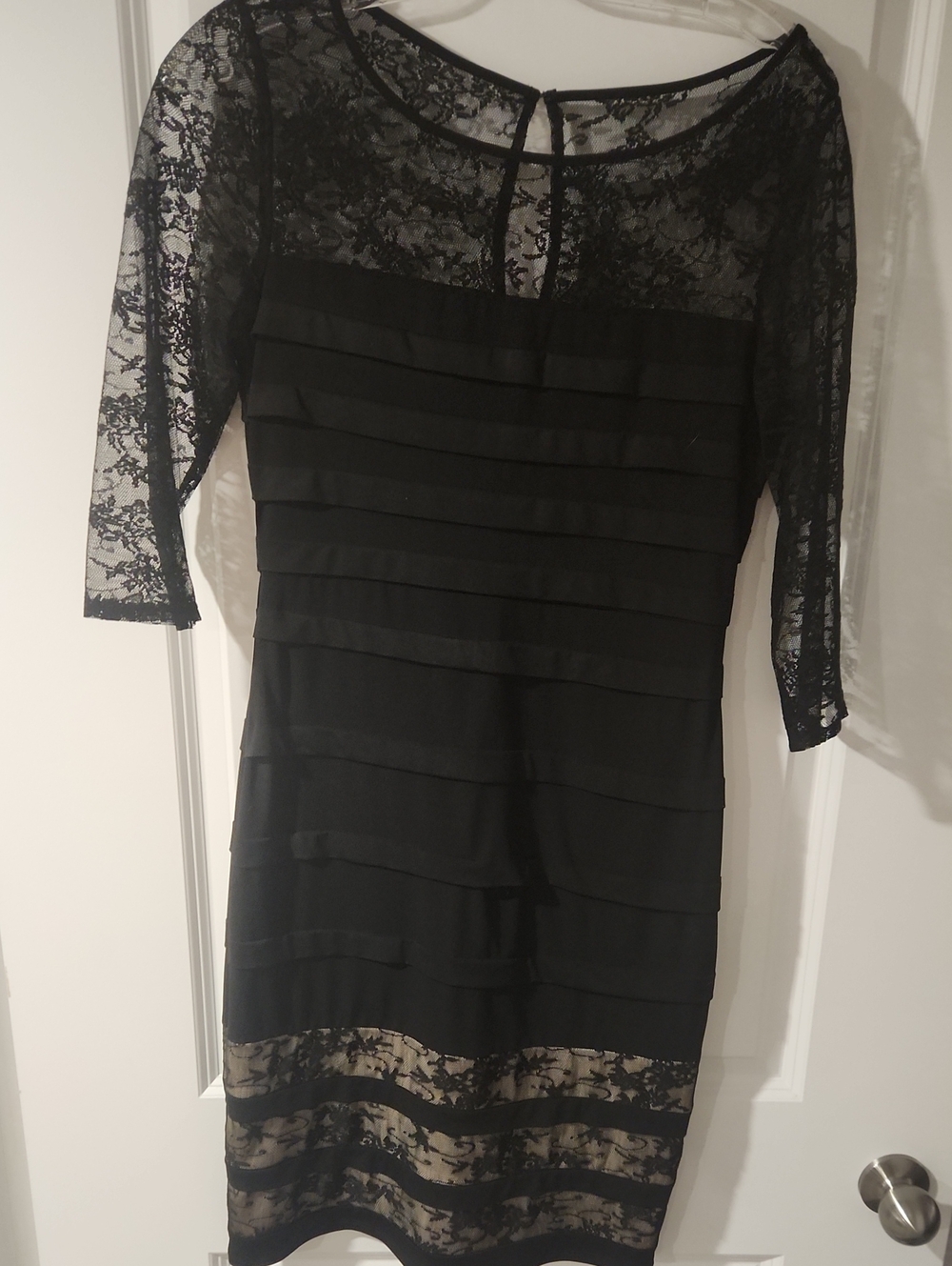 Black Lace Panel Midi Dress with Sheer Sleeves